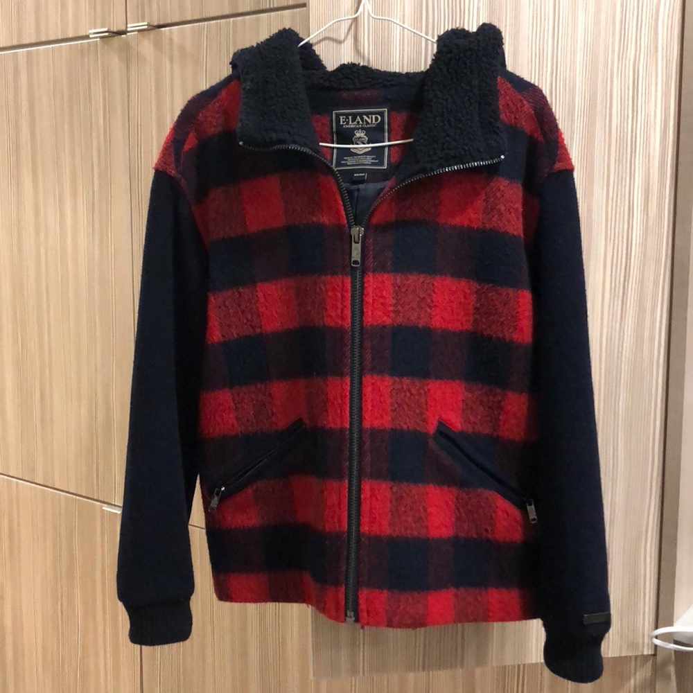 ELAND red+navy check short wool coat 60% wool